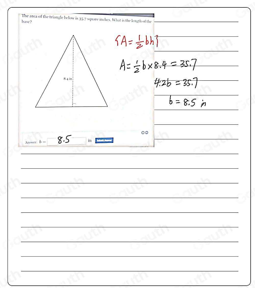 Solved: deitamath.com The area of the triangle below is 35.7 square ...