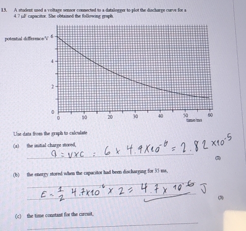 A student used a voltage sensor connected to a datalogger to plot the discharge curve for a
4.7 μF capacitor. She obtained the following graph. 
potential differ 
Use data from the graph to calculate 
(a) the initial charge stored, 
_ 
(2) 
(b) the energy stored when the capacitor had been discharging for 35 ms, 
_ 
_ 
_ 
_ 
(3) 
_ 
(c) the time constant for the circuit,