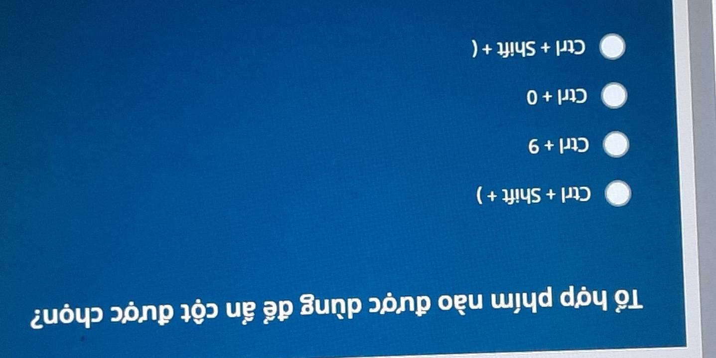 Tổ hợp phím nào được dùng để ẩn cột được chọn?
Ctrl+Shift+)
Ctrl+9
Ctrl+0
Ctrl+Shift+(