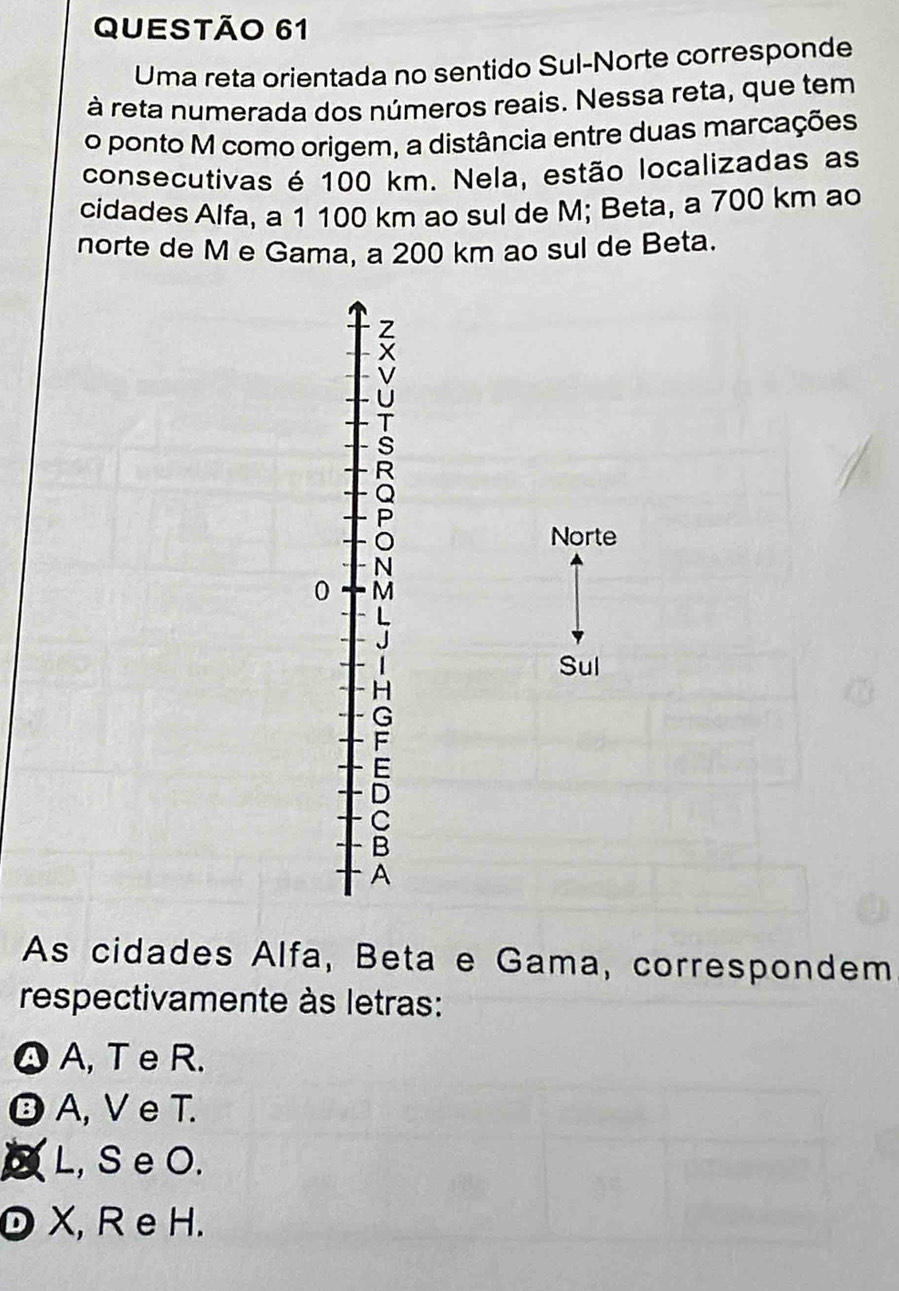 Uma reta orientada no sentido Sul-Norte corresponde
à reta numerada dos números reais. Nessa reta, que tem
o ponto M como origem, a distância entre duas marcações
consecutivas é 100 km. Nela, estão localizadas as
cidades Alfa, a 1 100 km ao sul de M; Beta, a 700 km ao
norte de M e Gama, a 200 km ao sul de Beta.
Z
X
V
U
T
s
R
Q
P
Norte
N
0 M
J
Sul
H
G
F
E
D
C
B
A
As cidades Alfa, Beta e Gama, correspondem
respectivamente às letras:
QA, T e R.
☺ A, V e T.
L, S e O.
DX, R e H.