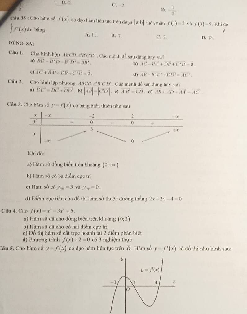  1/2 
B. 2 C. 2.
D. - 1/2 .
Cầu 35 : Cho hàm số f(x) có đạo hàm liên tục trên đoạn [a;b] thòa mãn f(1)=2 và f(3)=9. Khi đó
∈tlimits _1^(1f^+)(x)dx U bằng
A. 11. B. 7. C. 2. D. 18
ĐÚNG- SAI
Câu 1. Cho hình hộp ABCD.A B'C'D' Các mệnh đề sau đủng hay sai?
a) vector BD-vector D'D-vector B'D'=vector BB'. vector AC-vector BA'+vector DB+vector C'D=vector 0.
b)
c) vector AC+vector BA'+vector DB+vector C'D=vector 0.
d) overline AB+overline B'C'+overline DD'=overline AC'.
Câu 2. Cho hình lập phương ABCD,A'B'C'D' Các mệnh đề sau đúng hay sai?
a) vector DC=vector DC+vector DD. b) |vector AB|=|vector C'D'|. c) vector A'B'=vector CD. d) vector AB+vector AD+vector AA'=vector AC'.
Câu 3. Cho hàm số y=f(x) có bảng biển thiên như sau
Khi đó:
a) Hàm số đồng biến trên khoảng (0;+∈fty )
b) Hàm số có ba điểm cực trị
c) Hàm số có y_cp=3 và y_cT=0.
đ) Điểm cực tiểu của đồ thị hàm số thuộc đường thẳng 2x+2y-4=0
Câu 4. Cho f(x)=x^3-3x^2+5.
a) Hàm số đã cho đồng biến trên khoảng (0;2)
b) Hàm số đã cho có hai điểm cực trị
c) Đồ thị hàm số cắt trục hoành tại 2 điểm phân biệt
d) Phương trình f(x)+2=0 có 3 nghiệm thực
Câu 5. Cho hàm số y=f(x) có đạo hàm liên tục trên R. Hàm số y=f'(x) có đồ thị như hình sau: