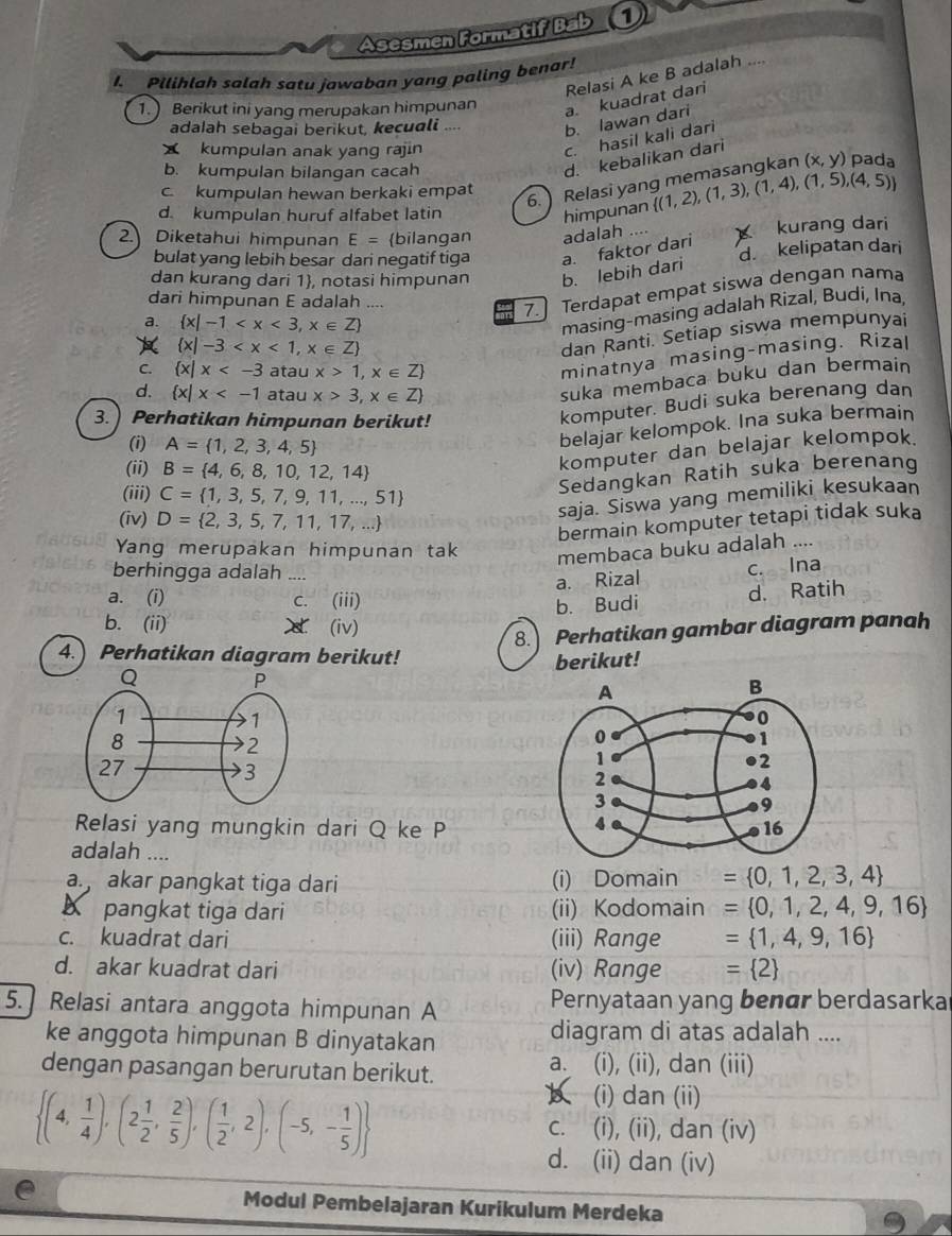 Asesmen Formatif Bab 1
I. Pilihlah salah satu jawaban yong paling benar!
Relasi A ke B adalah ....
1. Berikut ini yang merupakan himpunan a. kuadrat dari
adalah sebagai berikut, kecuali .... b. lawan dari
X kumpulan anak yang rajin
c. hasil kali dari
d. kebalikan dari
b. kumpulan bilangan cacah pada
6. Relasi yan (x,y)
c. kumpulan hewan berkaki empat  (1,2),(1,3),(1,4),(1,5),(4,5)
d. kumpulan huruf alfabet latin
himpunan
2. Diketahui himpunan E= bilangan adalah x kurang dari
bulat yang lebih besar dari negatif tiga
dan kurang dari 1, notasi himpunan b. lebih dari a. faktor dari d. kelipatan dari
dari himpunan E adalah ....
7.  Terdapat empat siswa dengan nama
a.  x|-1
masing-masing adalah Rizal, Budi, Ina
 x|-3
dan Ranti. Setiap siswa mempunyai
C.  x| x atau x>1,x∈ Z
minatnya masing-masing. Rizal
d.  x| x atau x>3,x∈ Z
suka membaca buku dan bermain
3. Perhatikan himpunan berikut!
komputer. Budi suka berenang dan
(i) A= 1,2,3,4,5
belajar kelompok. Ina suka bermain
(ii) B= 4,6,8,10,12,14
komputer dan belajar kelompok.
(iii) C= 1,3,5,7,9,11,...,51
Sedangkan Ratih suka berenang
(iv) D= 2,3,5,7,11,17,...
saja. Siswa yang memiliki kesukaan
bermain komputer tetapi tidak suka
Yang merupakan himpunan tak membaca buku adalah ..
berhingga adalah ....
a. Rizal c. Ina
a. (i) c. (iii)
b. Budi d. Ratih
b. (ii)  (iv)
8. Perhatikan gambar diagram panah
4. Perhatikan diagram berikut!
berikut!
Relasi yang mungkin dari Q ke P
adalah ....
a. akar pangkat tiga dari (i) Domain = 0,1,2,3,4
A pangkat tiga dari (ii) Kodomain = 0,1,2,4,9,16
c. kuadrat dari (iii) Range = 1,4,9,16
d. akar kuadrat dari (iv) Range = 2
5. Relasi antara anggota himpunan A Pernyataan yang benær berdasarka
ke anggota himpunan B dinyatakan diagram di atas adalah ....
dengan pasangan berurutan berikut. (i), (ii), dan (iii)
a、
a (i) dan (ii)
 (4, 1/4 ),(2 1/2 , 2/5 ),( 1/2 ,2),(-5,- 1/5 ) c. (i), (ii), dan (iv)
d. (ii) dan (iv)
e Modul Pembelajaran Kurikulum Merdeka