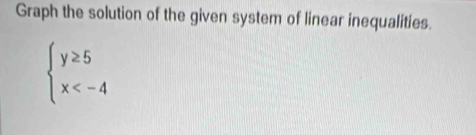 Graph the solution of the given system of linear inequalities.
beginarrayl y≥ 5 x