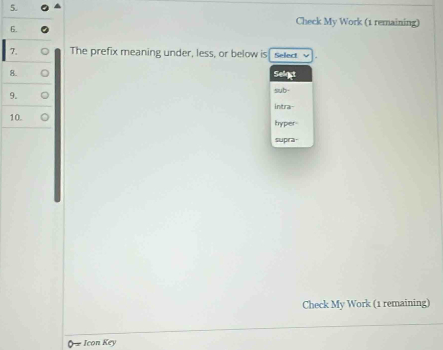 Check My Work (1 remaining)
6.
7. The prefix meaning under, less, or below is Select
8. Seigt
9. sub-
intra-
10.
hyper-
supra-
Check My Work (1 remaining)
Icon Key