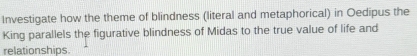 Investigate how the theme of blindness (literal and metaphorical) in Oedipus the 
King parallels the figurative blindness of Midas to the true value of life and 
relationships