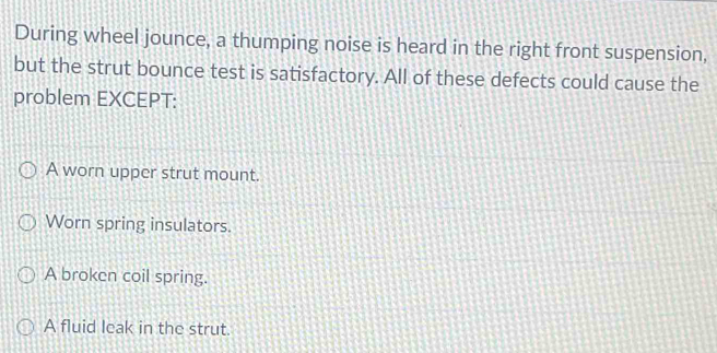 Solved: During wheel jounce, a thumping noise is heard in the right ...
