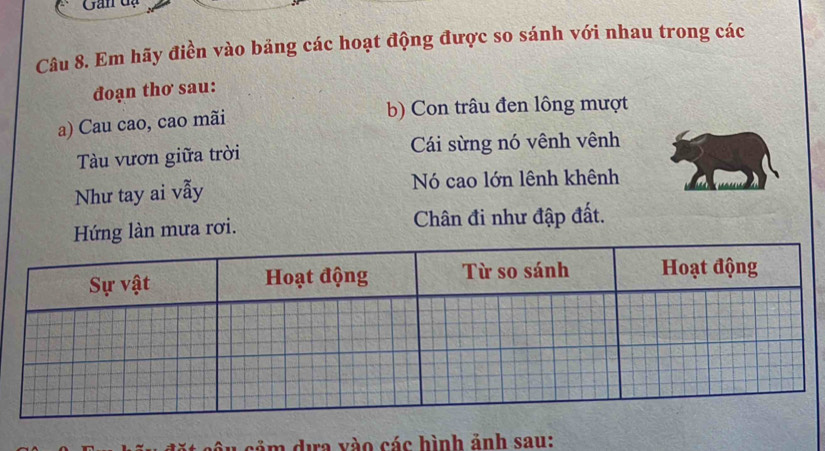 Gan đạ 
Câu 8. Em hãy điền vào bảng các hoạt động được so sánh với nhau trong các 
đoạn thơ sau: 
a) Cau cao, cao mãi b) Con trâu đen lông mượt 
Tàu vươn giữa trời Cái sừng nó vênh vênh 
Như tay ai vẫy Nó cao lớn lênh khênh 
Hứng làn mưa rơi. Chân đi như đập đất. 
m dưa vào các hình ảnh sau: