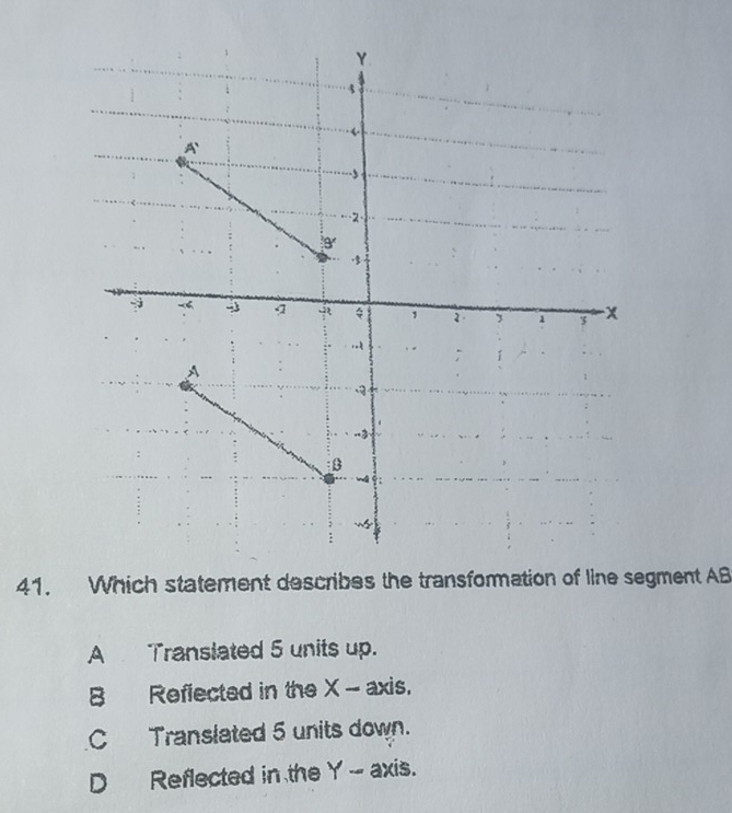 Which statement describes the transformation of line segment AB
A Translated 5 units up.
8 Reflected in the X - axis.
C Translated 5 units down.
D Reflected in the Y - axis.