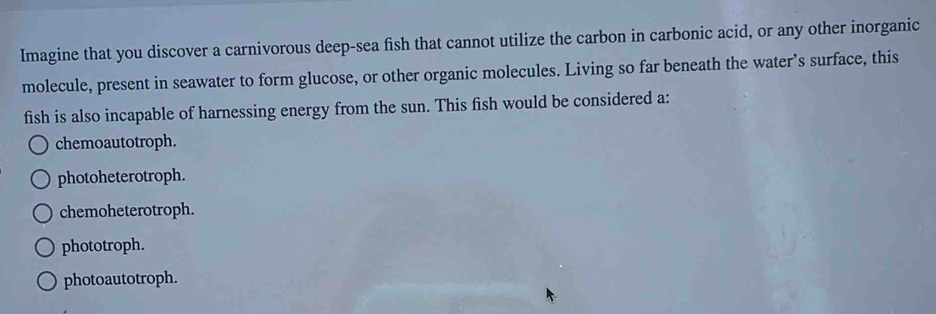 Imagine that you discover a carnivorous deep-sea fish that cannot utilize the carbon in carbonic acid, or any other inorganic
molecule, present in seawater to form glucose, or other organic molecules. Living so far beneath the water’s surface, this
fish is also incapable of harnessing energy from the sun. This fish would be considered a:
chemoautotroph.
photoheterotroph.
chemoheterotroph.
phototroph.
photoautotroph.