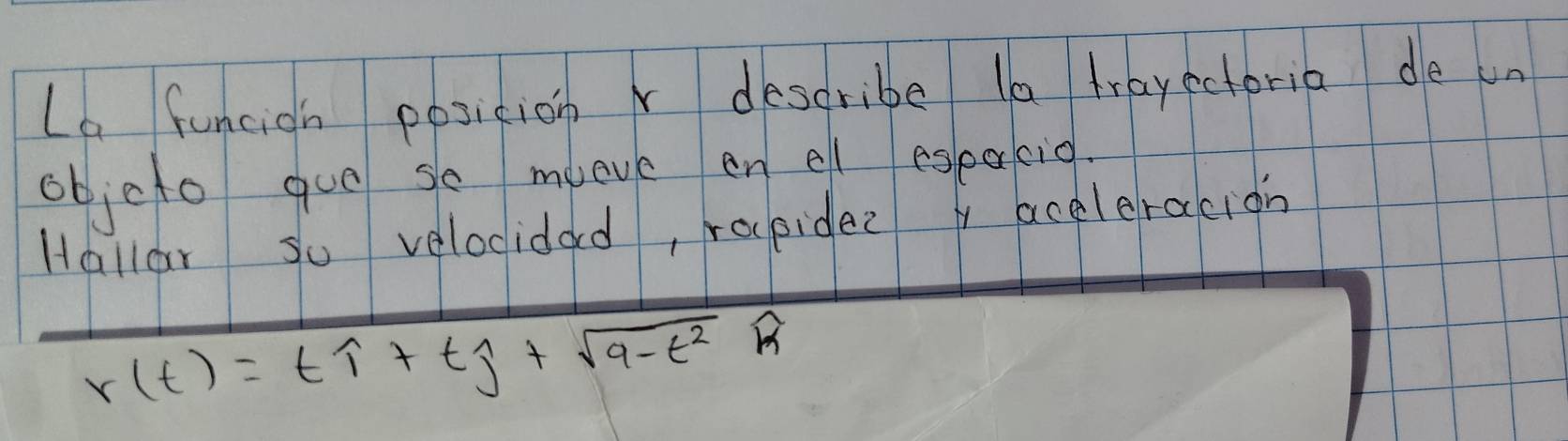 La funcion posicion V describe la trayectoria de un 
objcto goo so moevc en ell eseakig. 
Hallar so velodidad, rapidee y aceleracion
r(t)=twidehat 1+twidehat j+sqrt(9-t^2)widehat k