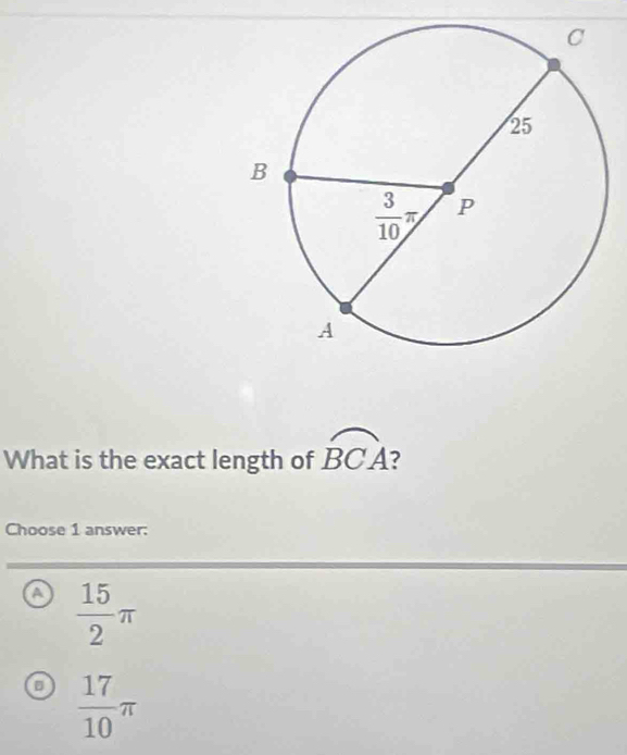 What is the exact length of widehat BCA ?
Choose 1 answer:
a  15/2 π
 17/10 π