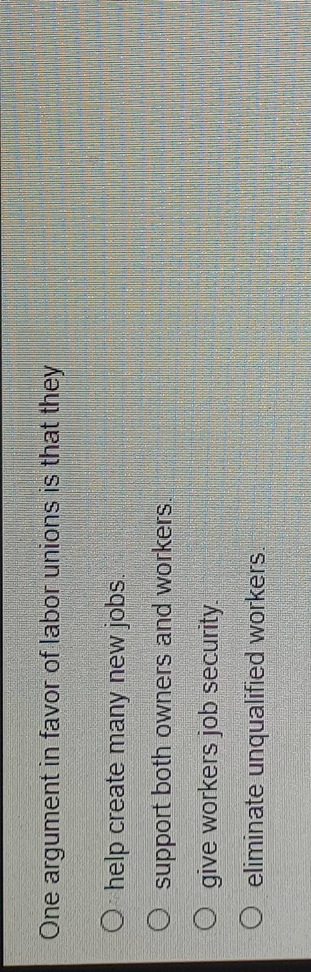 One argument in favor of labor unions is that they
help create many new jobs.
support both owners and workers.
give workers job security.
eliminate unqualified workers