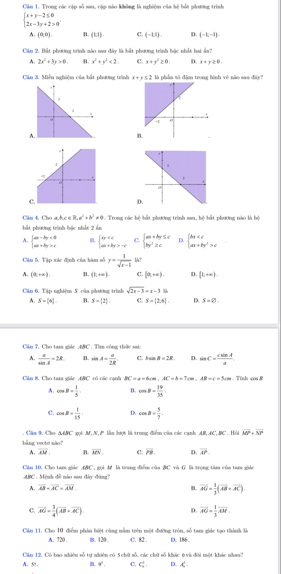 Trong các cặp số sau, cặp nào không là nghiệm của hệ bất phương trình
beginarrayl x+y-2≤ 0 2x-3y+2>0endarray. .
A. (0;0). B. (1;1). C. (-1;1). D. (-1;-1).
Câu 2. Bất phương trình nào sau đây là bất phương trình bậc nhất hai ẩn?
A. 2x^2+3y>0. x^2+y^2<2. C. x+y^2≥ 0. D. x+y≥ 0.
Câu 3. Miền nghiệm của bất phương trình x+y≤ 2 là phần tô đậm trong hình vẽ nào sau đây?
A
B
C
D
Câu 4. Cho a,b,c∈ R,a^2+b^2!= 0. Trong các hệ bất phương trình sau, hệ bất phương nào là hệ
bất phương trình bậc nhất 2 ẩn
A. beginarrayl ax-by<0 ax+by>cendarray. beginarrayl xy -cendarray. C. beginarrayl ax+by≤ c by^2≥ cendarray. D. beginarrayl bx cendarray.
B.
Câu 5. Tập xác định của hàm số y= 1/sqrt(x-1)  là?
A. (0;+∈fty ). B. (1;+∈fty ). C. [0;+∈fty ). D. [1;+∈fty ).
Câu 6. Tập nghiệm S của phương trình sqrt(2x-3)=x-3 là
A. S= 6 . B. S= 2 . C. S= 2;6 . D. S=varnothing .
Câu 7. Cho tam giác ABC . Tìm công thức sai:
A.  a/sin A =2R. B. sin A= a/2R . C. bsin B=2R. D. sin C= csin A/a .
Câu 8. Cho tam giác ABC có các cạnh BC=a=6cm,AC=b=7cm,AB=c=5cm. Tính cOs
A. cos B= 1/5 . cos B= 19/35 .
B.
C. cos B= 1/15 . cos B= 5/7 .
D.
. Câu 9. Cho △ ABC gọi M,N,P lần lượt là trung điểm của các cạnh AB, AC,BC . Hỏi vector MP+vector NP
bằng vectơ nào?
A. vector AM. B. vector MN. C. vector PB. D. vector AP.
Câu 10. Cho tam giác ABC , gọi Mô là trung điểm của BC và G là trọng tâm của tam giác
ABC . Mệnh đề nào sau đây đúng?
A. vector AB+vector AC=vector AM. B. vector AG= 1/3 (vector AB+vector AC).
C. vector AG= 3/4 (vector AB+vector AC). vector AG= 1/3 vector AM.
D.
Câu 11. Cho 10 điểm phân biệt cùng nằm trên một đường tròn, số tam giác tạo thành là
A. 720 . B. 120. C. 82 . D. 186 .
Câu 12. Có bao nhiêu số tự nhiên có 5 chữ số, các chữ số khác 0 và đôi một khác nhau?
A. 5!. B. 9^5. C. C_9^5. D. A .