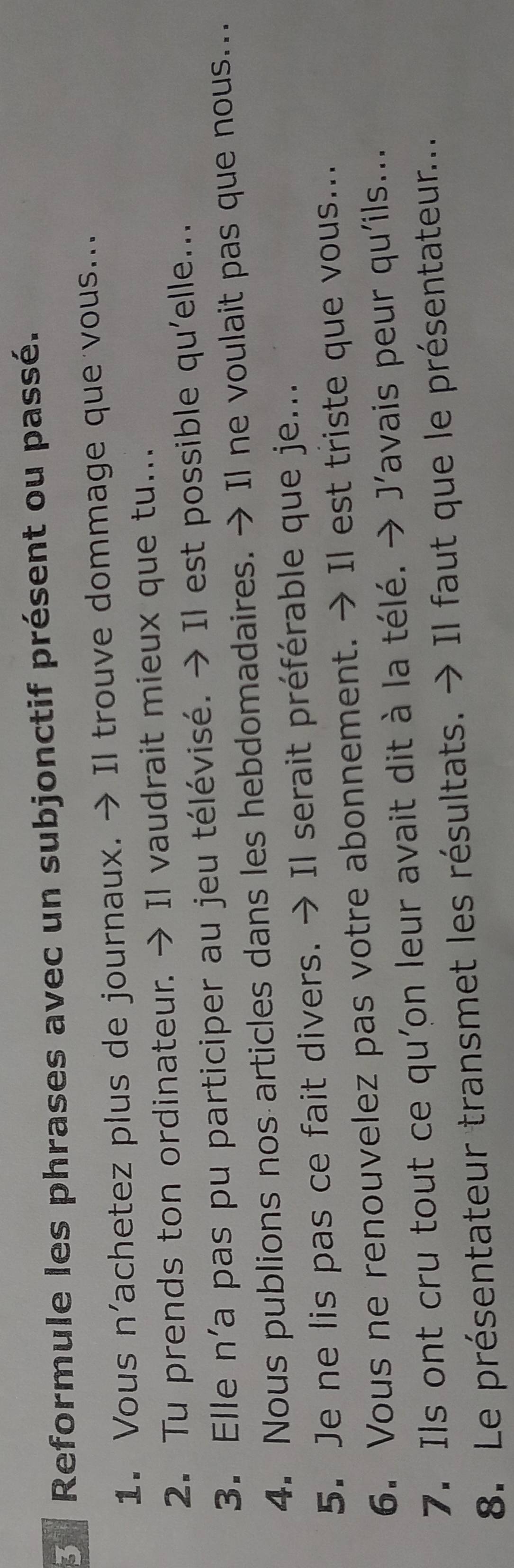 Reformule les phrases avec un subjonctif présent ou passé. 
1. Vous n'achetez plus de journaux. → Il trouve dommage que vous... 
2. Tu prends ton ordinateur. → Il vaudrait mieux que tu... 
3. Elle n'a pas pu participer au jeu télévisé. → Il est possible qu'elle... 
4. Nous publions nos articles dans les hebdomadaires. → Il ne voulait pas que nous... 
5. Je ne lis pas ce fait divers. → Il serait préférable que je... 
6。 Vous ne renouvelez pas votre abonnement. → Il est triste que vous... 
7. Ils ont cru tout ce qu'on leur avait dit à la télé. → J'avais peur qu'ils... 
8. Le présentateur transmet les résultats. → Il faut que le présentateur...