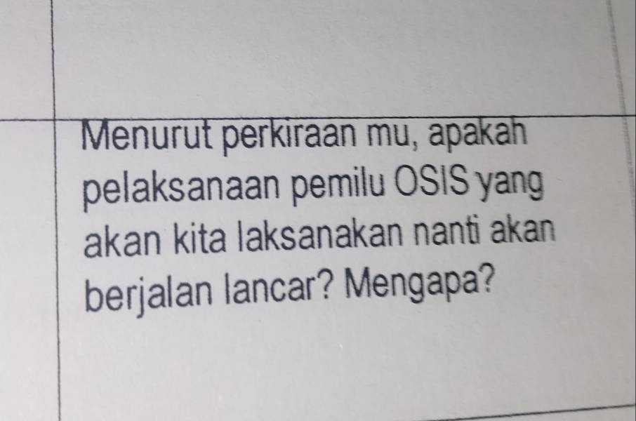 Menurut perkiraan mu, apakah 
pelaksanaan pemilu OSIS yang 
akan kita laksanakan nanti akan 
berjalan lancar? Mengapa?