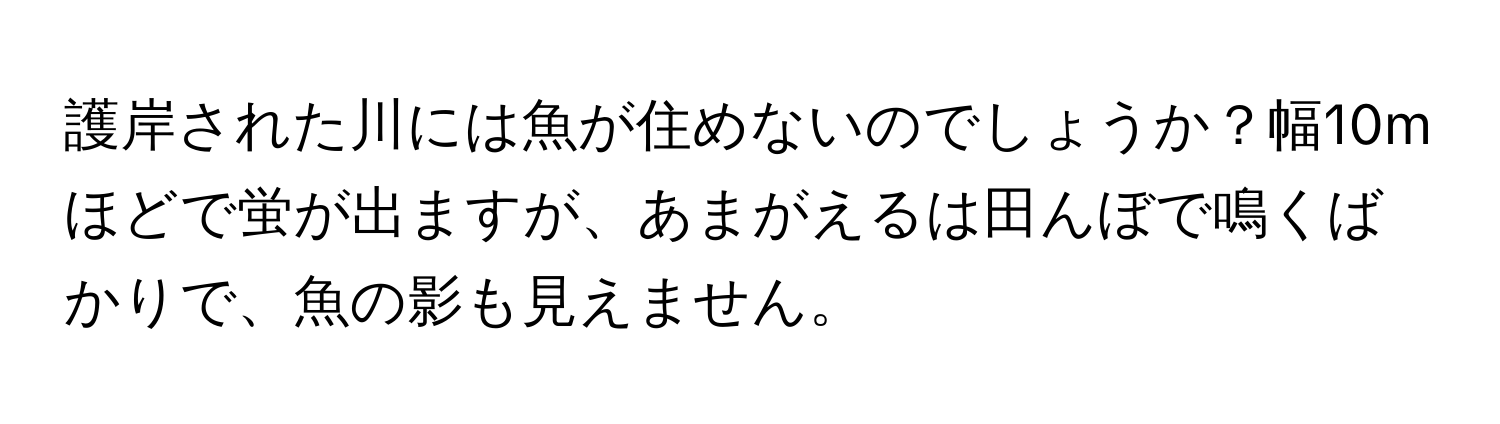 護岸された川には魚が住めないのでしょうか？幅10mほどで蛍が出ますが、あまがえるは田んぼで鳴くばかりで、魚の影も見えません。