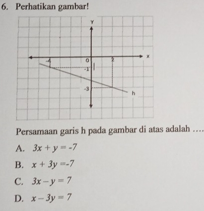 Perhatikan gambar!
Persamaan garis h pada gambar di atas adalah ..
A. 3x+y=-7
B. x+3y=-7
C. 3x-y=7
D. x-3y=7