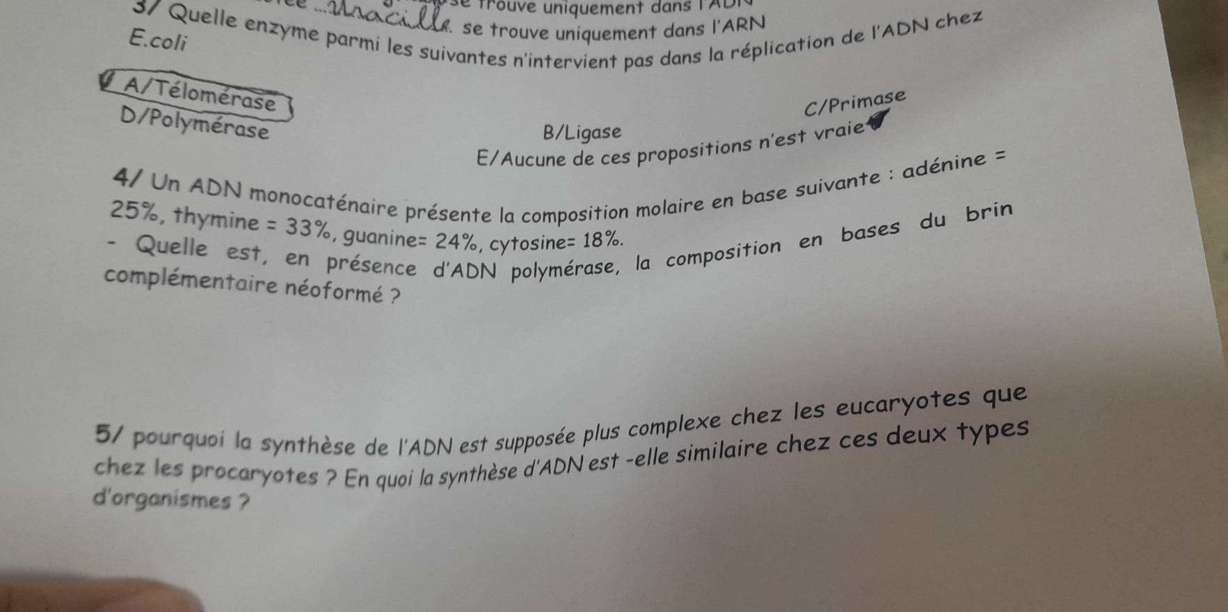 é trouve uniquement dans TAD
3/ Quelle enzyme parmi les suivantes n'intervient pas dans la réplication de l'ADN chez
se trouve uniquement dans l'ARN
E.coli
A/Télomérase
C/Primase
D/Polymérase
B/Ligase
E/Aucune de ces propositions n'est vraie
4/ Un ADN monocaténaire présente la composition molaire en base suivante : adénine =
25%, thymine =33% , guanine= 24% , cyto sine =18%. 
- Quelle est, en présence N polym la composition en bases du brin
complémentaire néoformé ?
57 pourquoi la synthèse de l'ADN est supposée plus complexe chez les eucaryotes que
chez les procaryotes ? En quoi la synthèse d'ADN est -elle similaire chez ces deux types
d'organismes ?