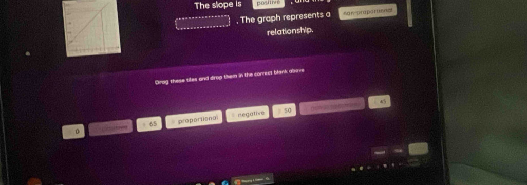 The slope is positive 
. The graph represents a non-proportional 
relationship. 
Drag these tiles and drop them in the correct blank above
65 proportional negative
50