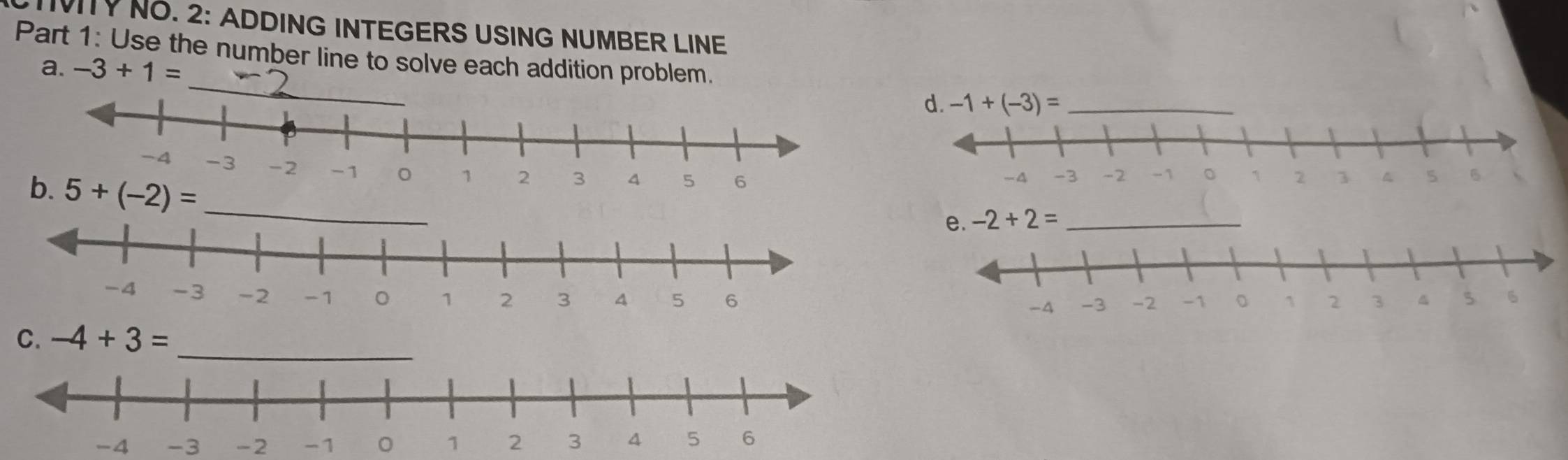 TIVITY NO. 2: ADDING INTEGERS USING NUMBER LINE
Part 1: Use the number line to solve each addition problem.
a. -3+1= _d. -1+(-3)= _
e. -2+2= _
C. -4+3= _
-4 -3 -2