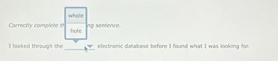 whole 
Correctly complete th ng sentence. 
hole 
_ 
1 looked through the electronic database before I found what I was looking for.