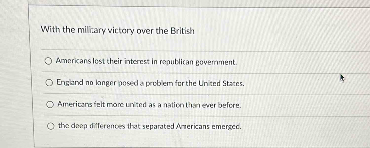 With the military victory over the British
Americans lost their interest in republican government.
England no longer posed a problem for the United States.
Americans felt more united as a nation than ever before.
the deep differences that separated Americans emerged.