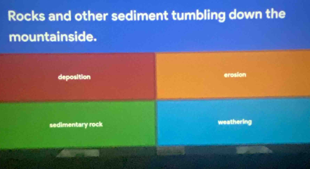 Rocks and other sediment tumbling down the
mountainside.
deposition erosion
sedimentary rock weathering