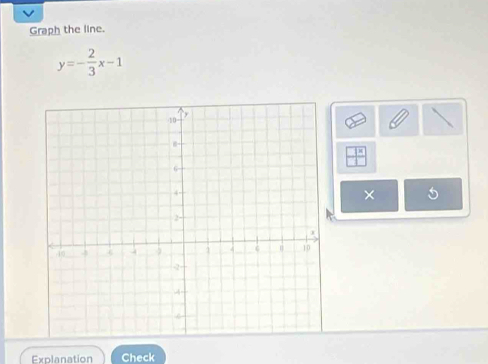 Graph the line.
y=- 2/3 x-1
_ 3^x
× 
Explanation Check