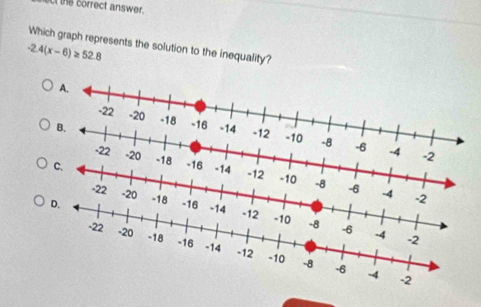 ut the correct answer.
Which graph represents the solution to the inequality?
-2.4(x-6)≥ 52.8
-4 -2
-22 -20 -18
C. -16 -14 -12 -10 -8 -6 -4 -2
-22 -20 -18
D. -16 -14 -12 -10 -8 -6 -4
-2
-22 -20 -18 -16 -14 -12 -10
-8 -6 -4 -2