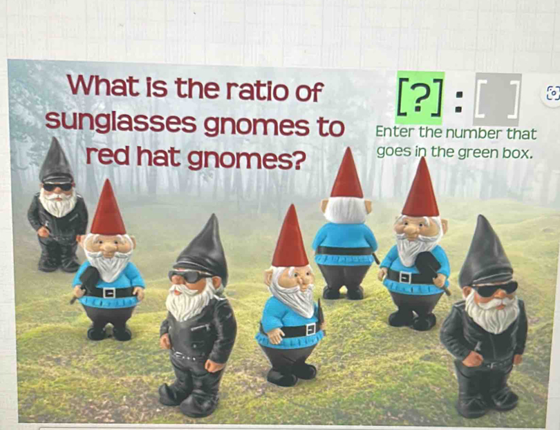 Solved: What is the ratio of [?]: sunglasses gnomes to Enter the number ...