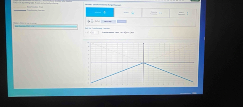 7* 1=1 to shatting right 3 uosts ansd vaves ay reflecting Choose a tranaformation to changs the graph.
_
f(x)
_ Tasslsing Furstion Clatin Marinertal

/ [4 7/4 ] vertically

f(x)=□ Transformation Torm r=aA|x-C|=0