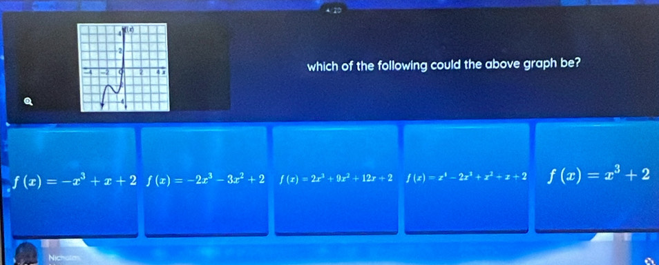 which of the following could the above graph be?
Q
f(x)=-x^3+x+2f(x)=-2x^3-3x^2+2 f(x)=2x^3+9x^2+12x+2 f(x)=x^4-2x^3+x^2+x+2 f(x)=x^3+2
Nicholm