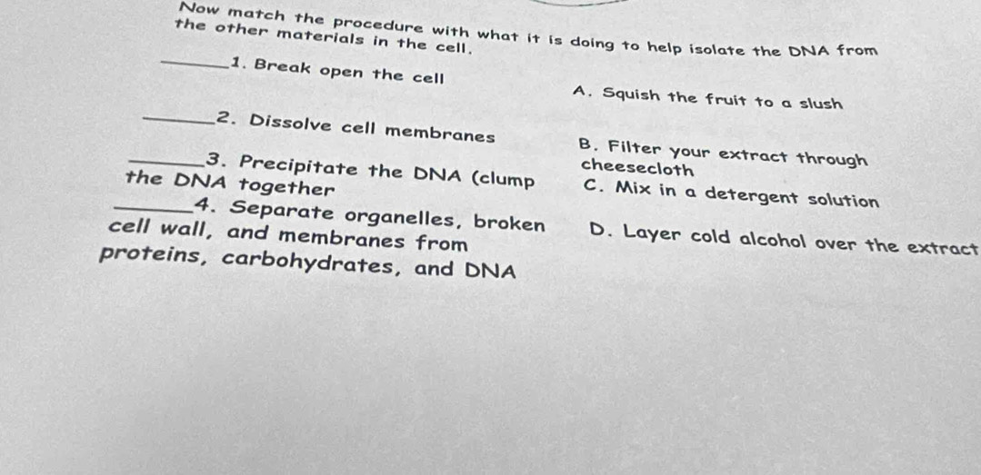 Now match the procedure with what it is doing to help isolate the DNA from
the other materials in the cell.
_
1. Break open the cell
A. Squish the fruit to a slush
_2. Dissolve cell membranes B. Filter your extract through
cheesecloth
_3. Precipitate the DNA (clump C. Mix in a detergent solution
the DNA together
_4. Separate organelles, broken D. Layer cold alcohol over the extract
cell wall, and membranes from
proteins, carbohydrates, and DNA