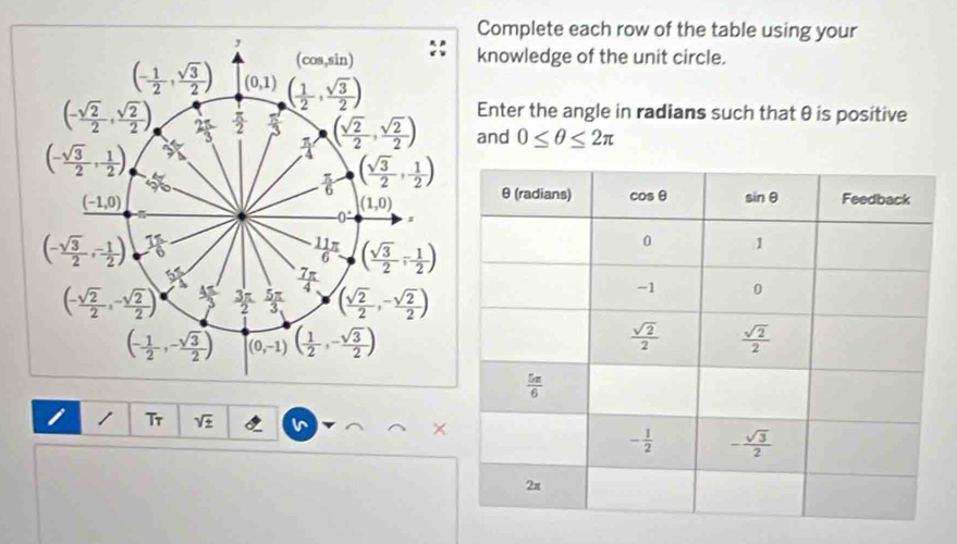 Complete each row of the table using your
knowledge of the unit circle.
Enter the angle in radians such that θ is positive
and 0≤ θ ≤ 2π
1 Tr sqrt(± ) ×