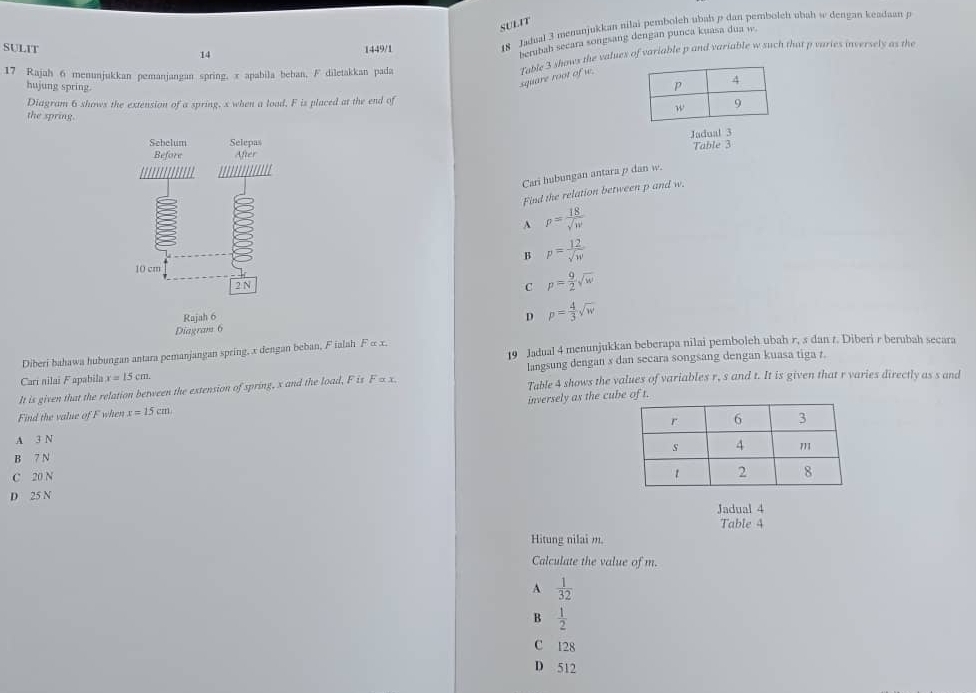 SULIT
SULIT 14 1449/1
18 Jadual 3 menanjukkan nilai pemboleh ubah p dan pemboleh ubah w dengan keadaan p
berubah secara songsang dengan punca kuasa dua w.
17 Rajah 6 menunjukkan pemanjangan spring, x apabila beban, F diletakkan pada
hujung spring
square root of w. Table 3 shows the values of variable p and variable w such that p varies inversely as the
Diagram 6 shows the extension of a spring, s when a lood. F is placed at the end of
the spring.
Jadual 3
Table 3
Cari hubungan antarap dan w.
Find the relation between p and w.
A p= 18/sqrt(w) 
B p= 12/sqrt(w) 
C p= 9/2 sqrt(w)
Rajah 6
Diagram 6 D p= 4/3 sqrt(w)
19 Jadual 4 menunjukkan beberapa nilai pemboleh ubah r, s dan z. Diberi r berubah secara
Diberi bahawa hubungan antara pemanjangan spring, x dengan beban, F ialah F α x,
Cari nilai F apabila x=15cm. langsung dengan s dan secara songsang dengan kuasa tiga t.
It is given that the relation between the extension of spring, x and the load, F is F α x. Table 4 shows the values of variables r, s and t. It is given that r varies directly as s and
Find the value of F when x=15cm inversely as the cube of t.
A 3 N
B 7 N
C 20 N
D 25 N
Jadual 4
Table 4
Hitung nilai m.
Calculate the value of m.
A  1/32 
B  1/2 
C 128
D 512