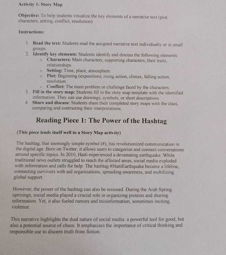 Activity 1: Story Map 
Objective: To help students visualize the key elements of a narrative text (plot, 
characters, setting, conflict, resolution) 
Instructions: 
1. Read the text: Students read the assigned narrative text individually or in small 
groups 
2. Identify key elements: Students identify and discuss the following elements: 
Characters: Main characters, supporting characters, their traits. 
relationships. 
Setting: Time, place, atmosphere. 
Plot: Beginning (exposition), rising action, climax, falling action, 
resolution. 
Conflict: The main problem or challenge faced by the characters. 
3. Fill in the story map: Students fill in the story map template with the identified 
information. They can use drawings, symbols, or short descriptions. 
4. Share and discuss: Students share their completed story maps with the class, 
comparing and contrasting their interpretations. 
Reading Piece 1: The Power of the Hashtag 
(This piece lends itself well to a Story Map activity) 
The hashtag, that seemingly simple symbol (#), has revolutionized communication in 
the digital age. Born on Twitter, it allows users to categorize and connect conversations 
around specific topics. In 2010, Haiti experienced a devastating earthquake. While 
traditional news outlets struggled to reach the affected areas, social media exploded 
with information and calls for help. The hashtag #HaitiEarthquake became a lifeline, 
connecting survivors with aid organizations, spreading awareness, and mobilizing 
global support. 
However, the power of the hashtag can also be misused. During the Arab Spring 
uprisings, social media played a crucial role in organizing protests and sharing 
information. Yet, it also fueled rumors and misinformation, sometimes inciting 
violence. 
This narrative highlights the dual nature of social media: a powerful tool for good, but 
also a potential source of chaos. It emphasizes the importance of critical thinking and 
responsible use to discern truth from fiction.