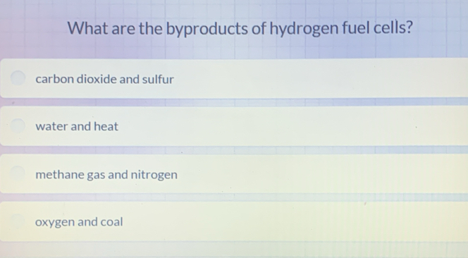 Resuelto:What are the byproducts of hydrogen fuel cells? carbon dioxide ...