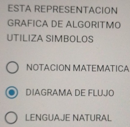 ESTA REPRESENTACION
GRAFICA DE ALGORITMO
UTILIZA SIMBOLOS
NOTACION MATEMATICA
DIAGRAMA DE FLUJO
LENGUAJE NATURAL