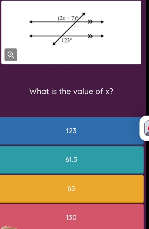 What is the value of x?
123
61.5
65
130