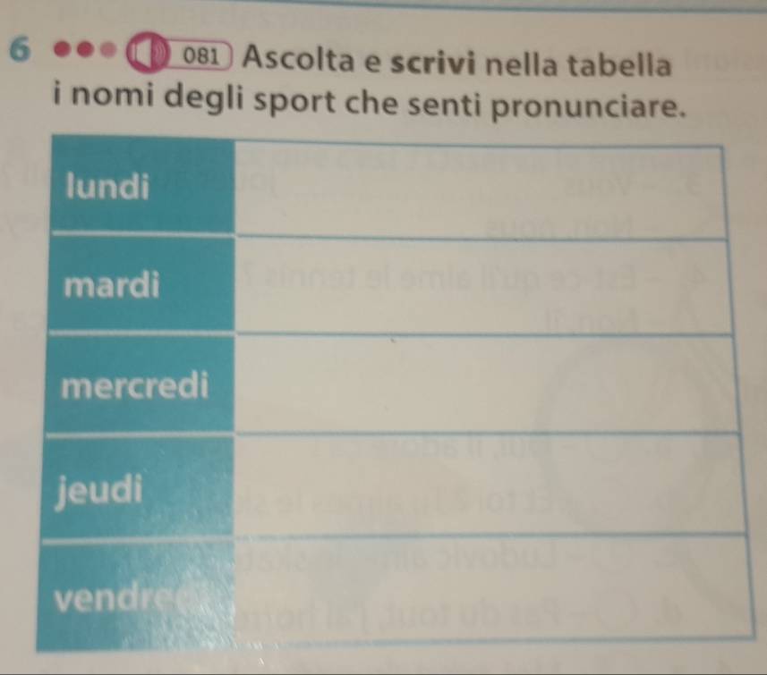 6 
081 Ascolta e scrivi nella tabella 
i nomi degli sport che senti pronunciare.