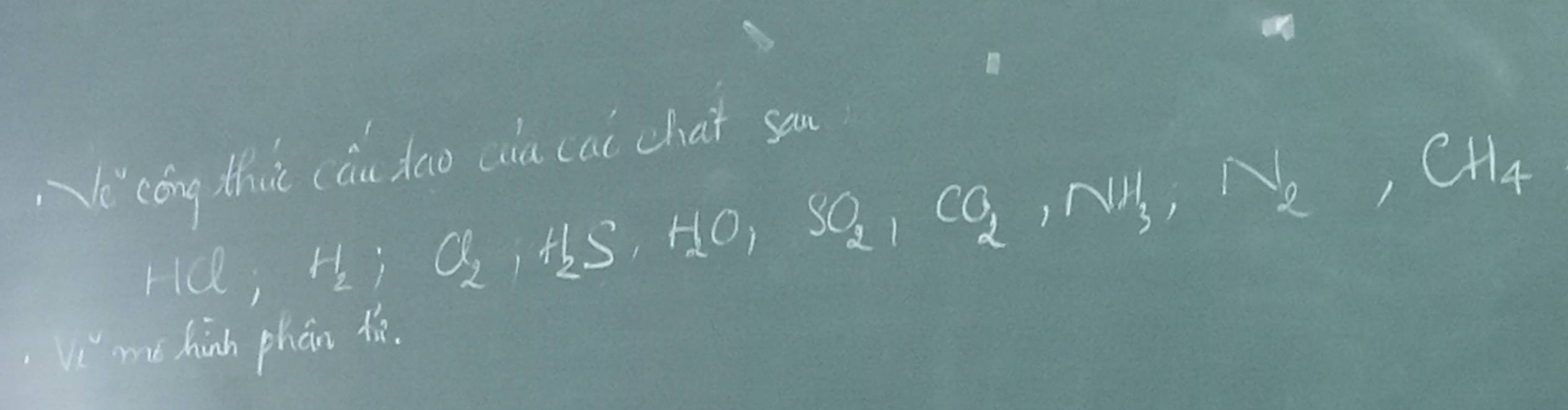 Ne cóng thic cǒn tao ca cai chat sa 
Hu, H_2; O_2, H_2S, HO, SO_2, CO_2, NH_3, N_2, CH_4
Vi'me hinh phán li.