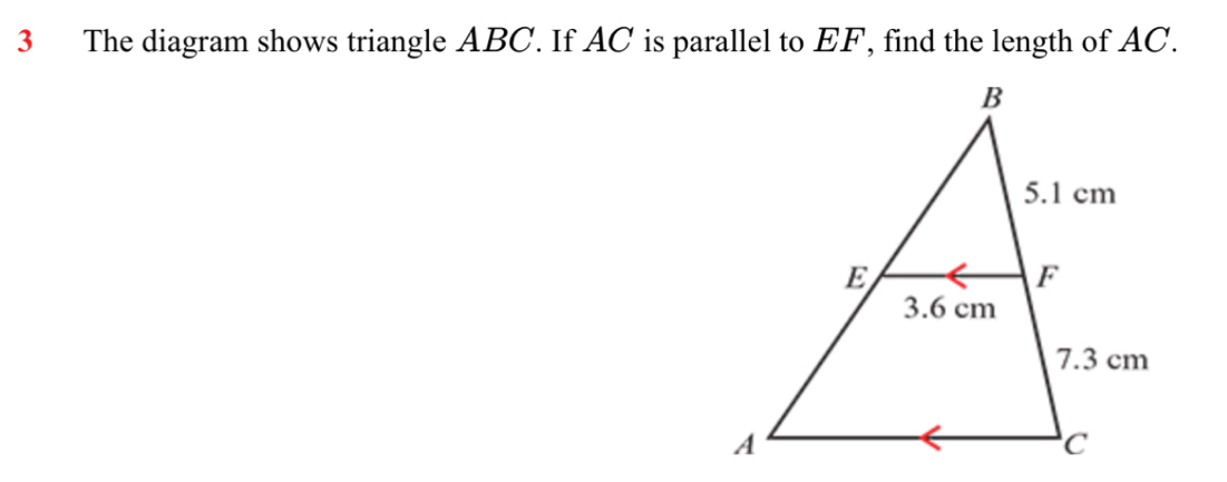 The diagram shows triangle ABC. If AC is parallel to EF, find the length of AC.