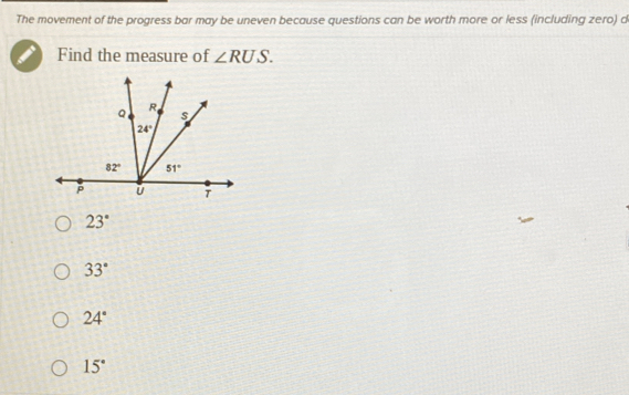 The movement of the progress bar may be uneven because questions can be worth more or less (including zero) d
Find the measure of ∠ RUS.
23°
33°
24°
15°