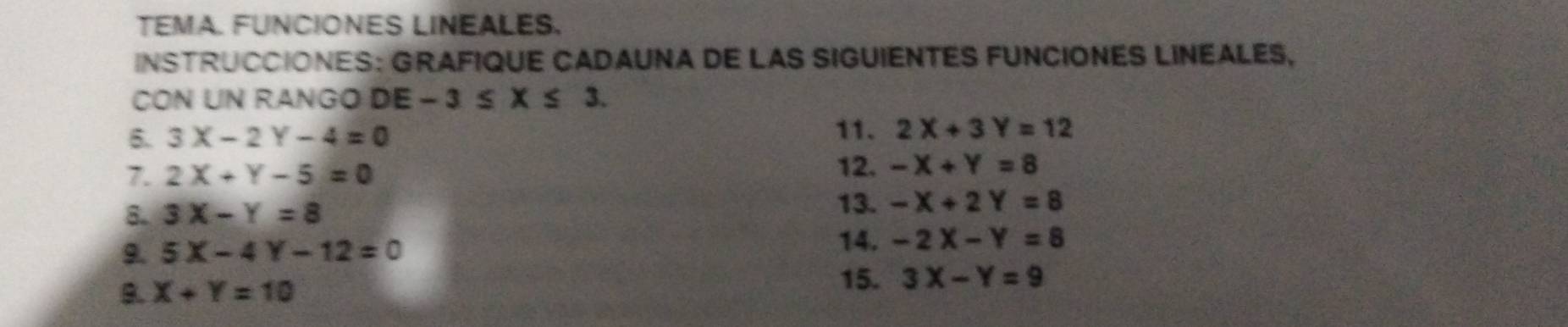 TEMA. FUNCIONES LINEALES. 
INSTRUCCIONES: GRAFIQUE CADAUNA DE LAS SIGUIENTES FUNCIONES LINEALES, 
CON UN RANGO DE -3≤ x≤ 3. 
6. 3X-2Y-4=0
11. 2X+3Y=12
7. 2X+Y-5=0
12. -X+Y=8
8. 3X-Y=8
13. -X+2Y=8
9. 5X-4Y-12=0
14. -2X-Y=8
9. X+Y=10
15. 3X-Y=9