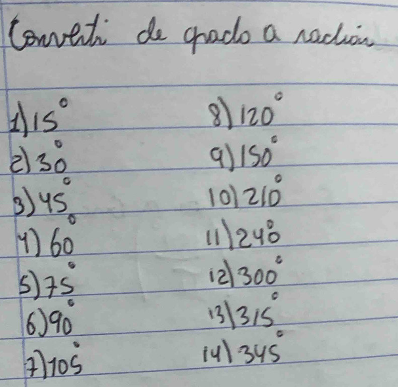 lonth do grado a nachuon
15°
8 120°
2 30°
9) 150°
45°
101 210°
60°
(1 240°
⑤ 75°
i2 300°
6 90°
|315°
4 105°
[u) 345°