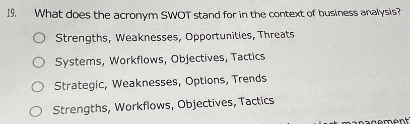 What does the acronym SWOT stand for in the context of business analysis?
Strengths, Weaknesses, Opportunities, Threats
Systems, Workflows, Objectives, Tactics
Strategic, Weaknesses, Options, Trends
Strengths, Workflows, Objectives, Tactics
nagement