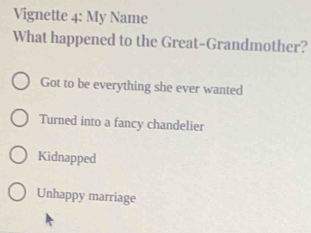 Vignette 4: My Name
What happened to the Great-Grandmother?
Got to be everything she ever wanted
Turned into a fancy chandelier
Kidnapped
Unhappy marriage