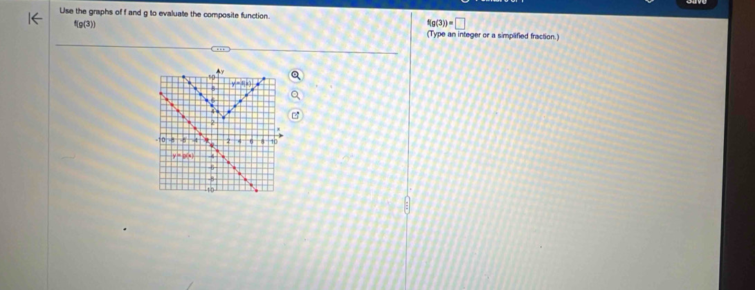 Use the graphs of f and g to evaluate the composite function.
f(g(3))=□
f(g(3)) (Type an integer or a simplified fraction.)