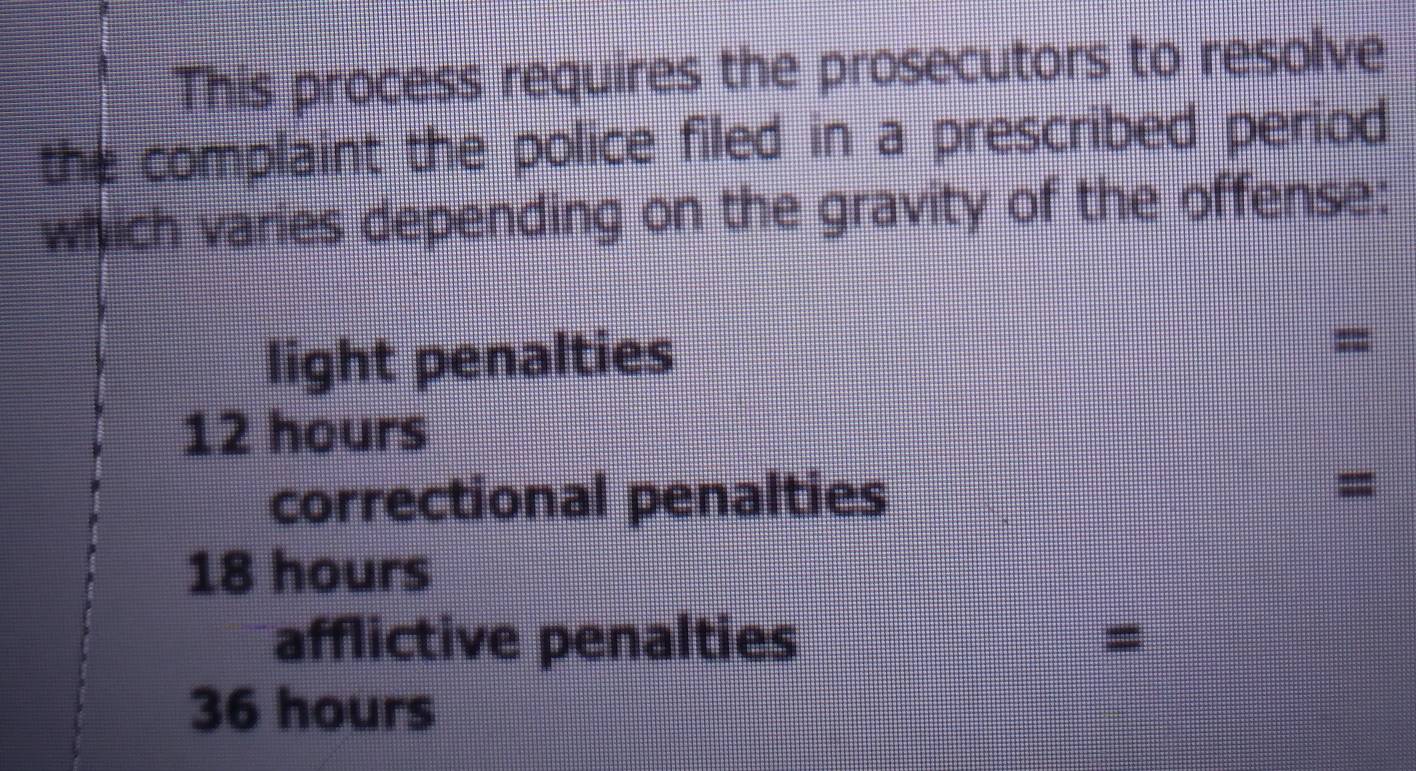 This process requires the prosecutors to resolve 
the complaint the police filed in a prescribed period 
which varies depending on the gravity of the offense: 
light penalties 
=
12 hours
correctional penalties 
=
18 hours
afflictive penalties =
36 hours