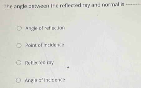 The angle between the reflected ray and normal is ---------
Angle of reflection
Point of incidence
Reflected ray
Angle of incidence